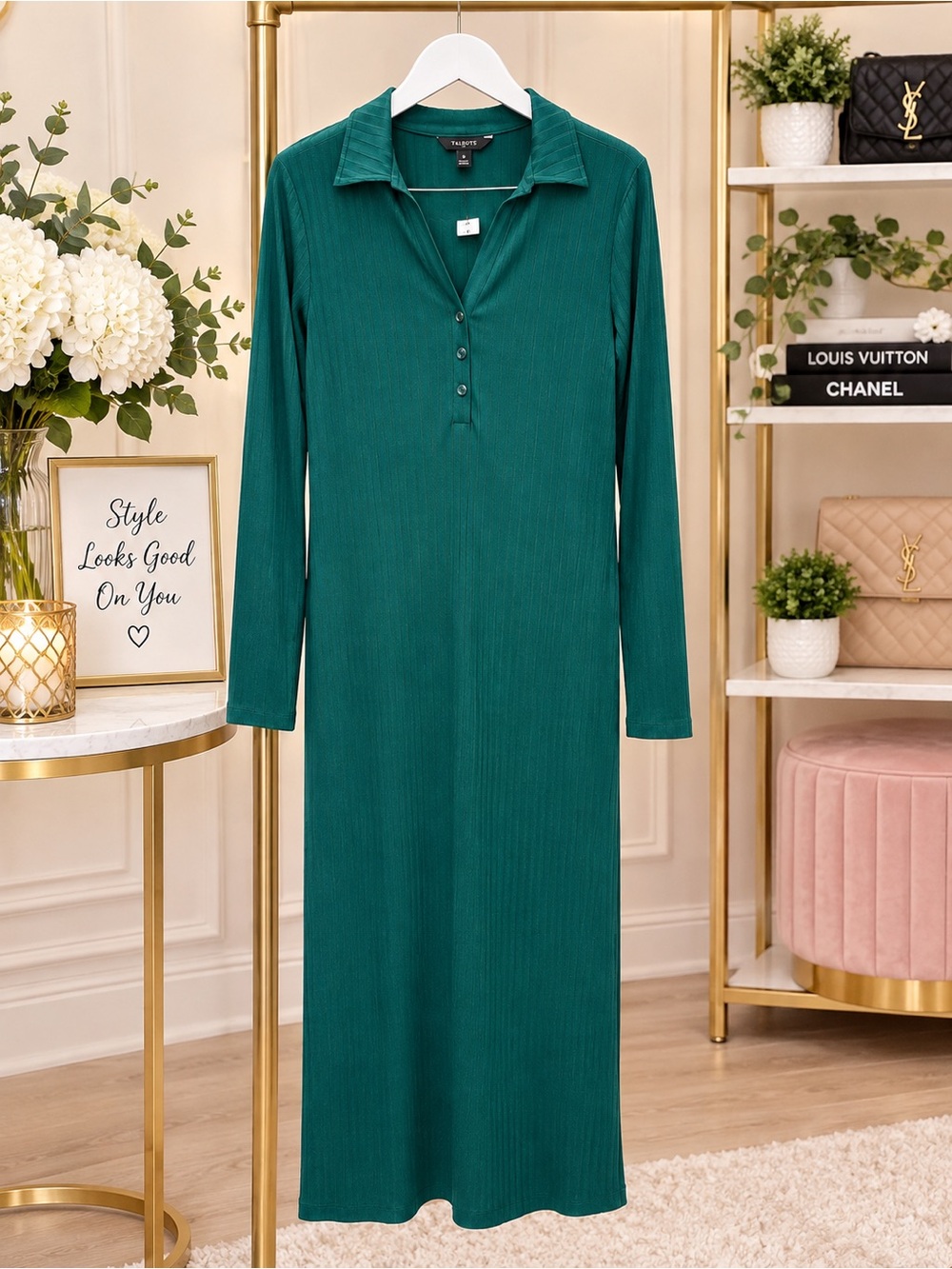 Banana Republic Teal Ribbed Long Sleeve Maxi Dress